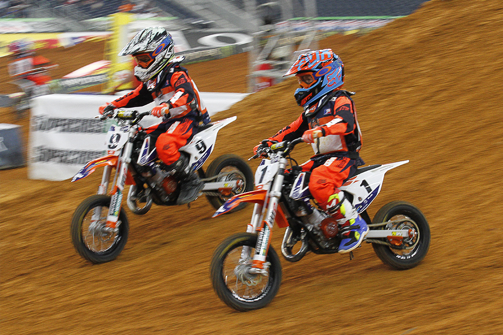 Seven year old Haleigh Smith speeds down a hill at the Supercross competition at AT&T Stadium; Arlington TX; February 11, 2017; (Photo:Russ Rendon, The Arlingto View)